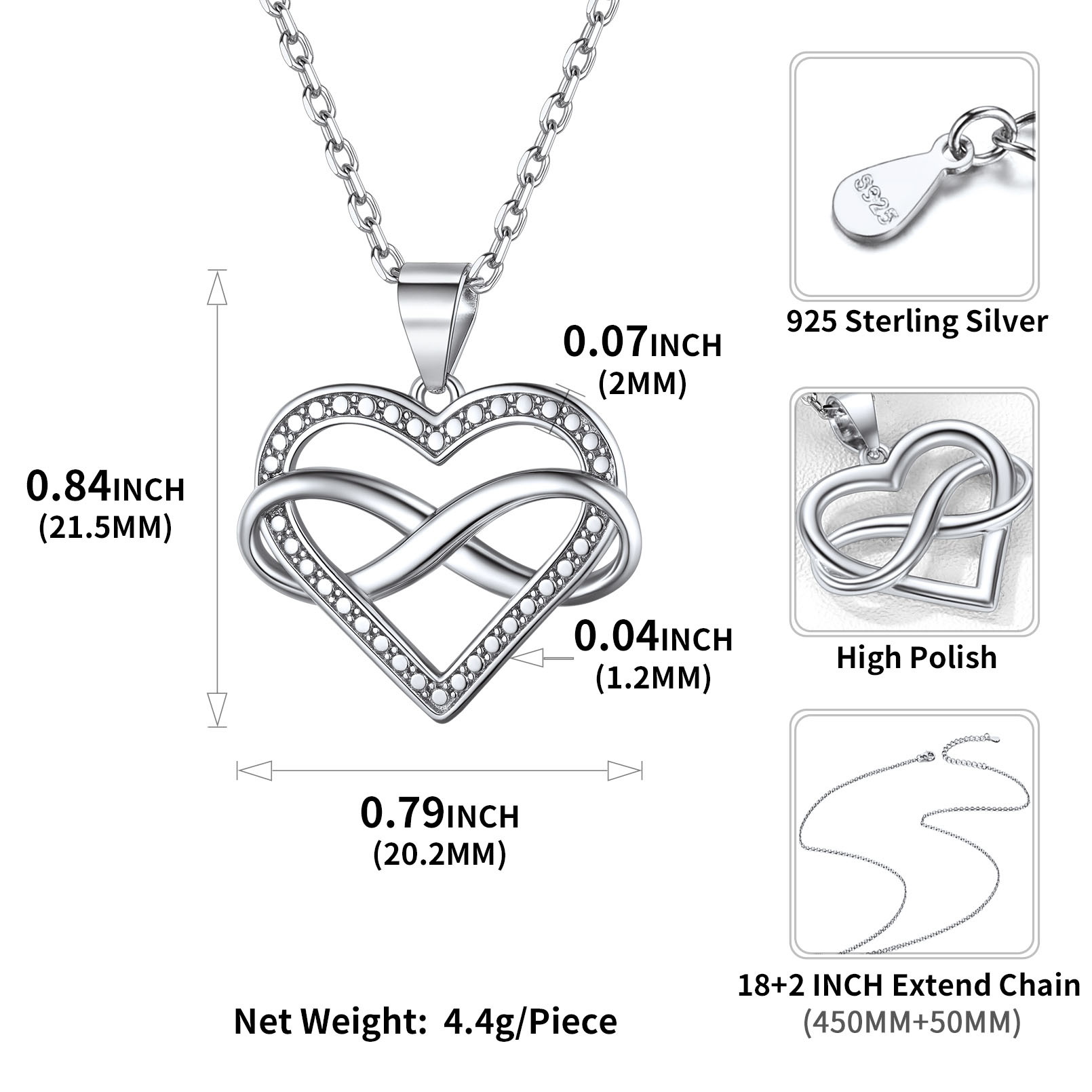 925 Argent Silver Heart Infinity Necklace detail