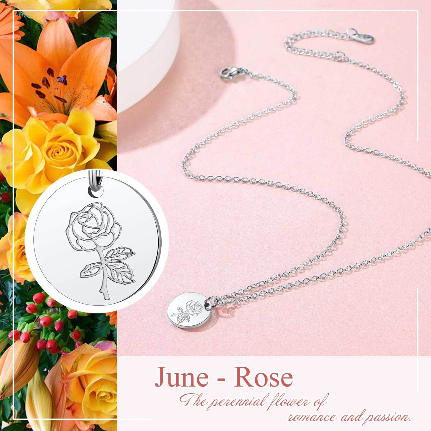 Personalized Birth Flower Birthstone Coin Necklace rose