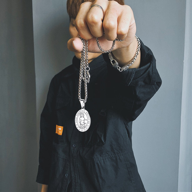 Custom Name Engraved Saint Sebastian Necklace model silver