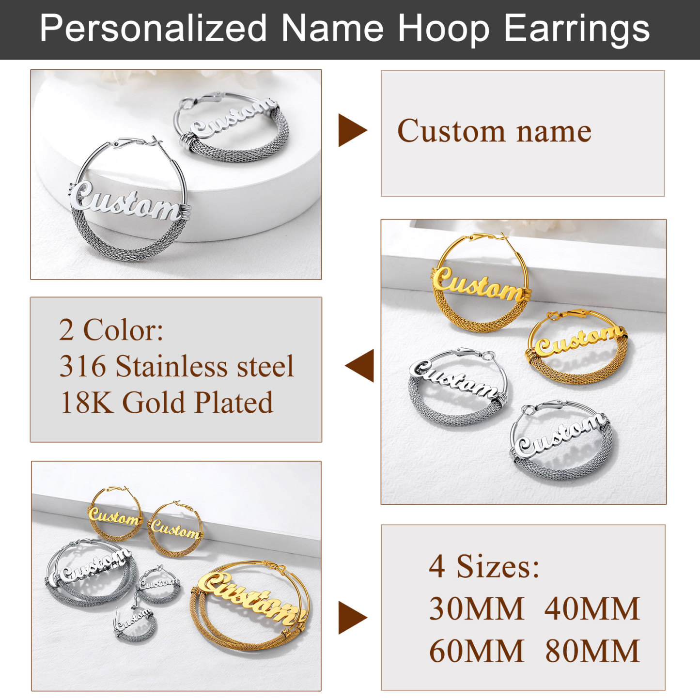 Custom Name Trendy Hoop Earrings for Women 30/40/60/80mm detail