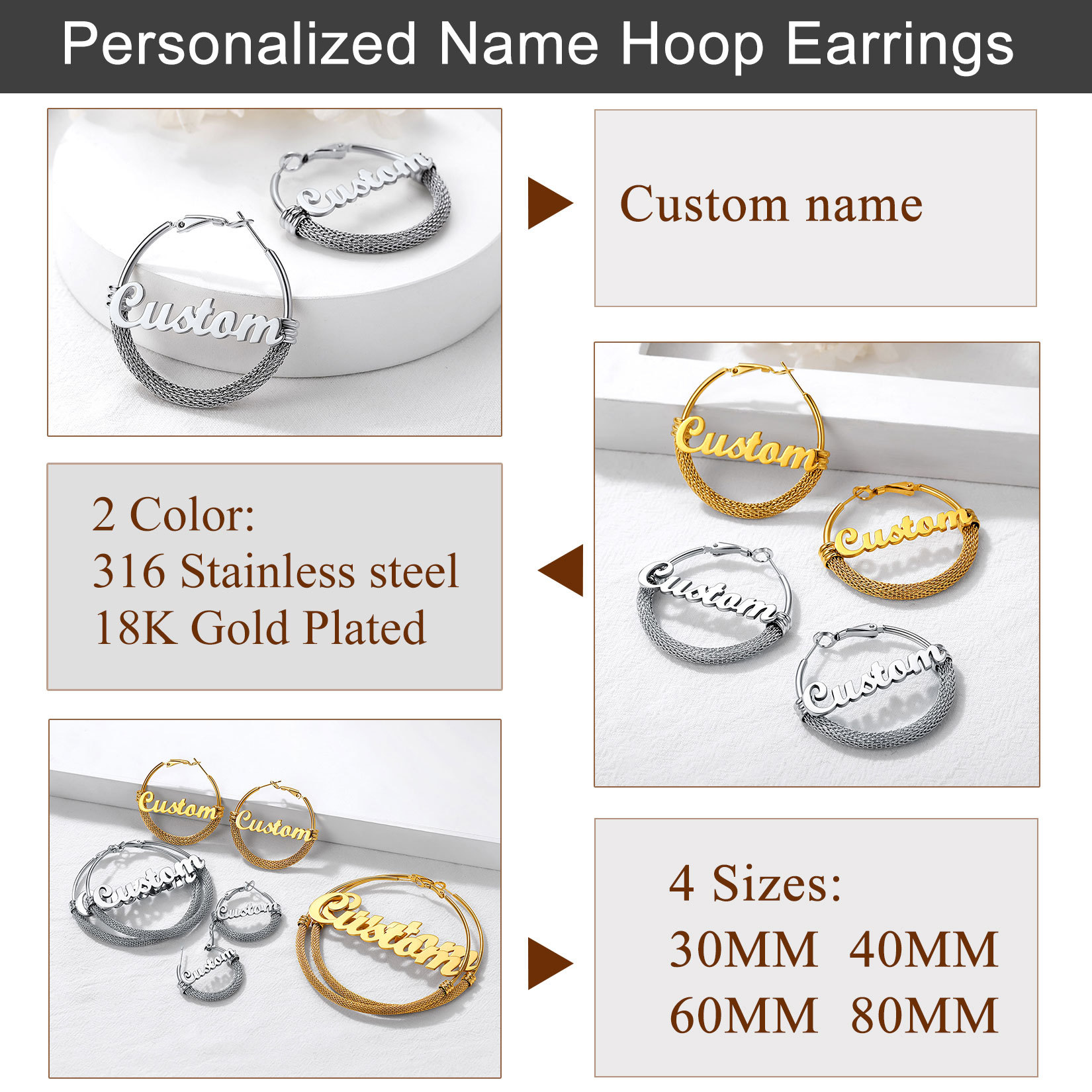 Custom Name Trendy Hoop Earrings for Women 30/40/60/80mm detail
