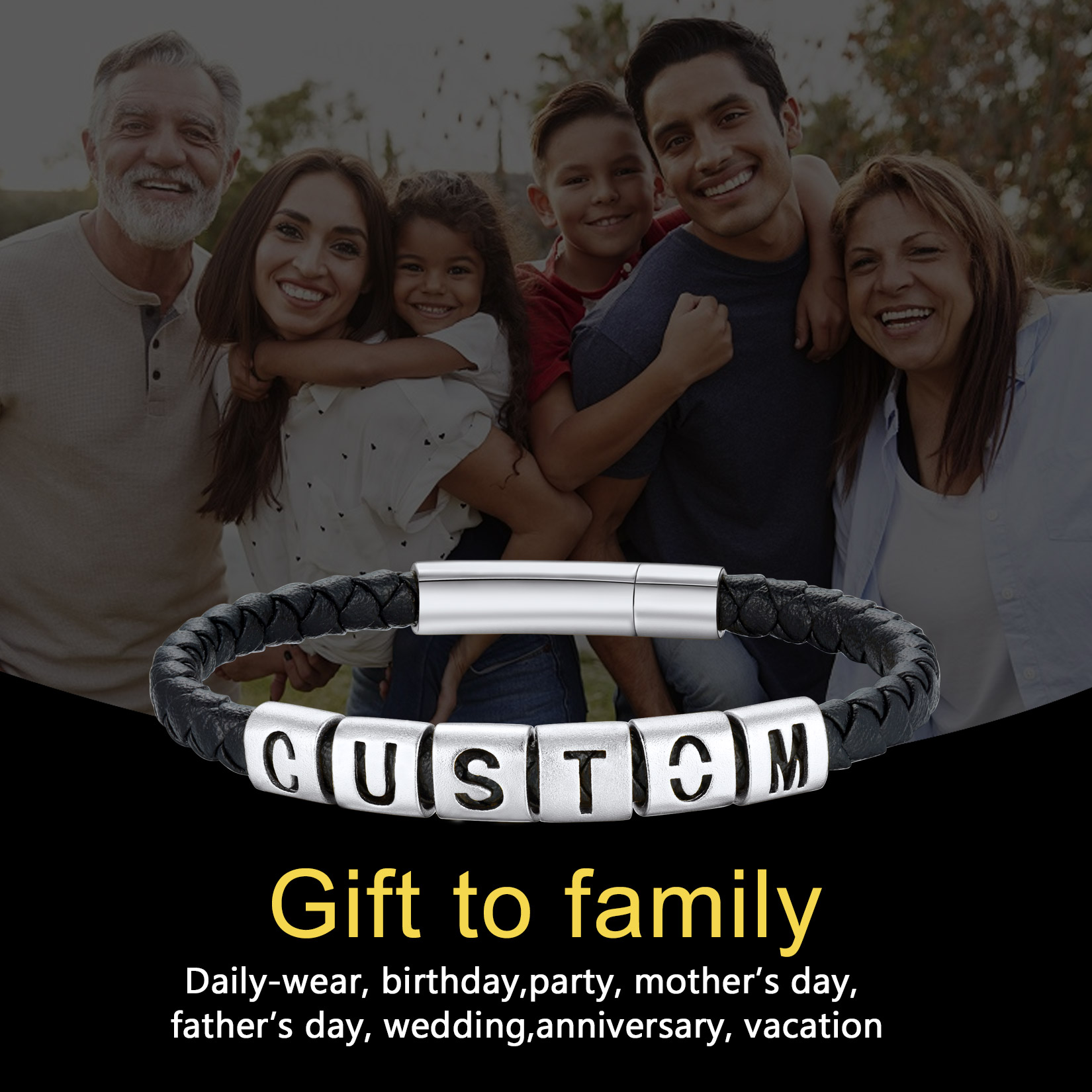 Personalized Leather Bracelet with Initial Beads Name gift to family