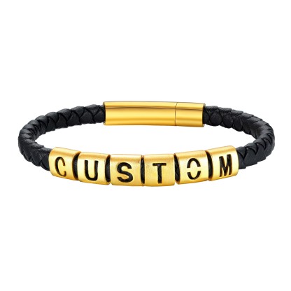 Personalized Leather Bracelet with Initial Beads Name Gold for Men