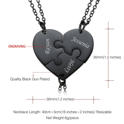 Customized Name Heart Puzzle Matching Necklaces