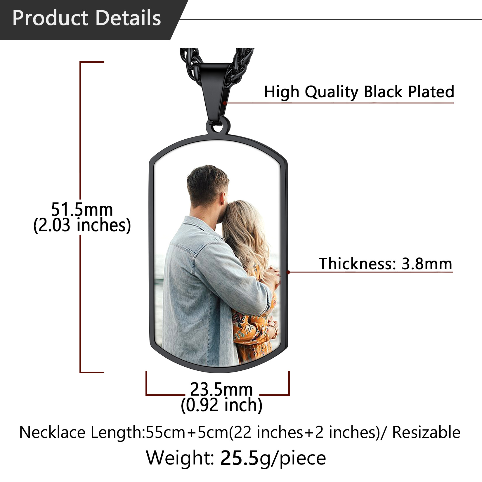 Double-sided Photo Customize Dog Tag Pendant Necklace For Men size