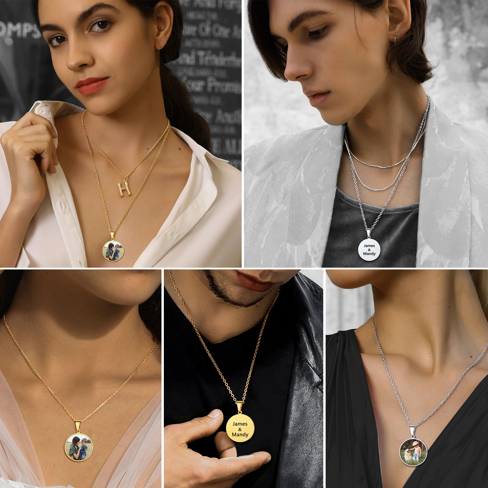 Personalized Photo Engraved Round Pendant Necklace model show