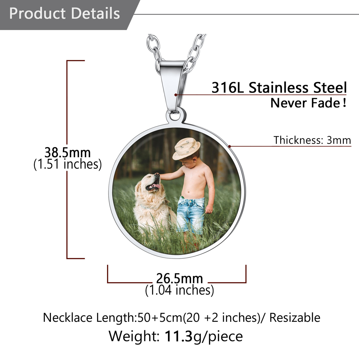 Personalized Photo Engraved Round Pendant Necklace for Men Women detail