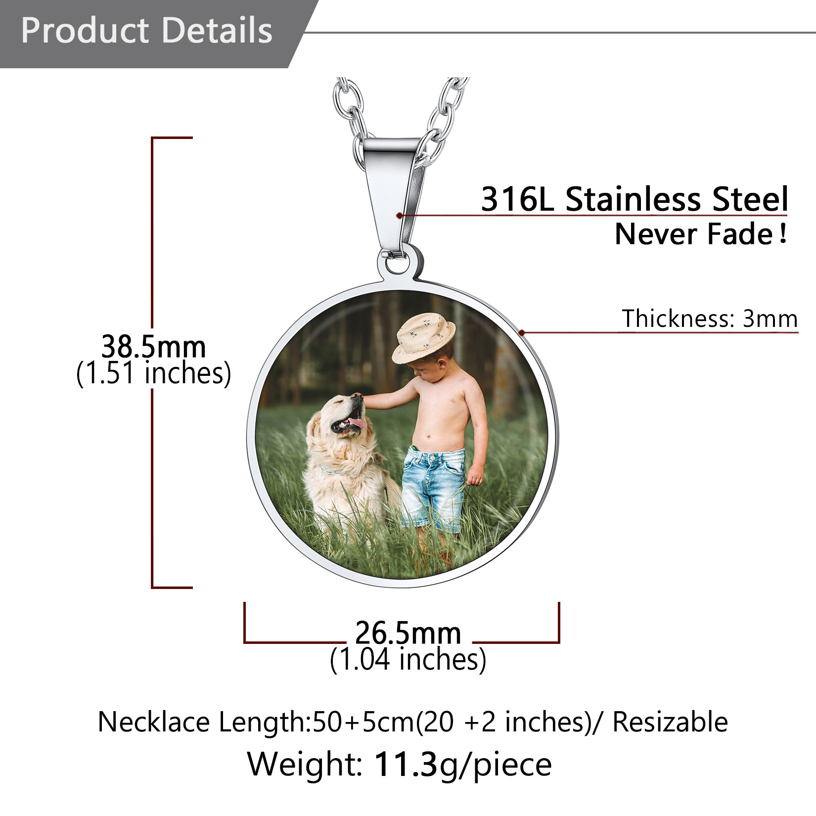 Personalized Photo Engraved Round Pendant Necklace for Men Women detail