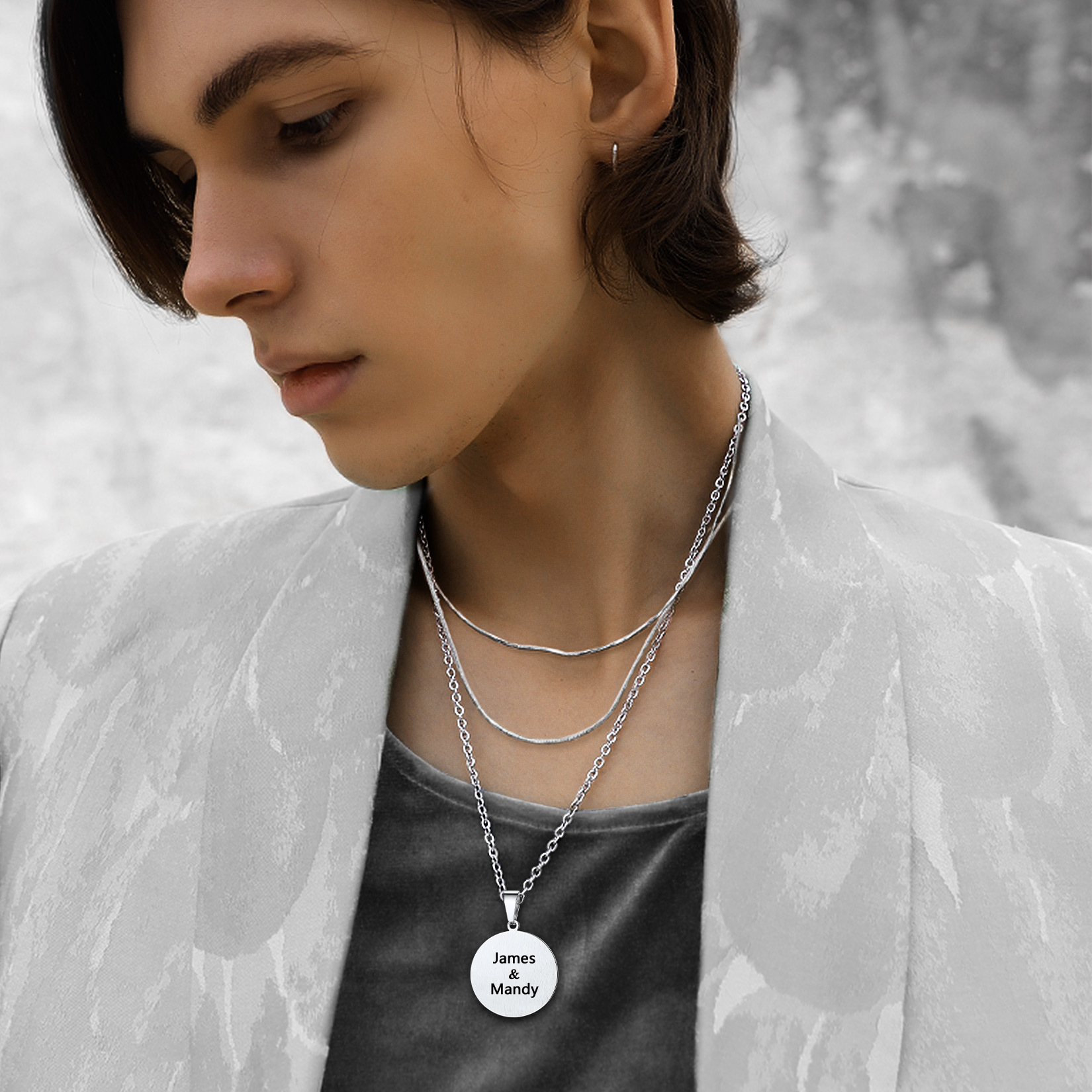 Personalized Photo Engraved Round Pendant Necklace for Men model