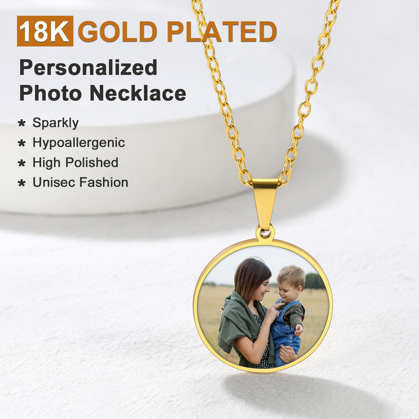 Personalized Photo Engraved Round Pendant Necklace for Men Women 18k gold