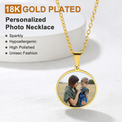 Personalized Photo Engraved Round Pendant Necklace for Men Women 18k gold
