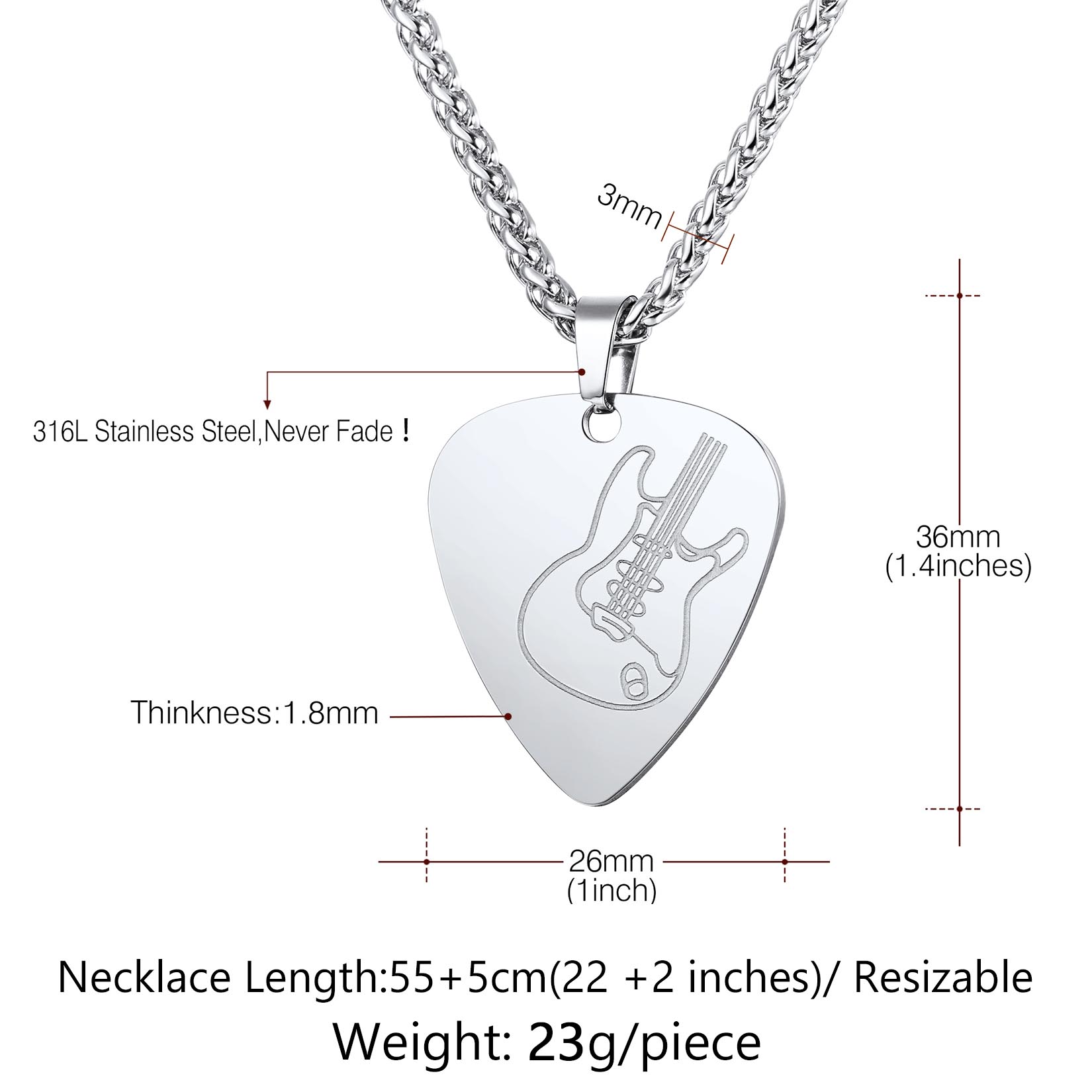 Custom Guitar Pick Pendant Necklace for Music Lovers Size