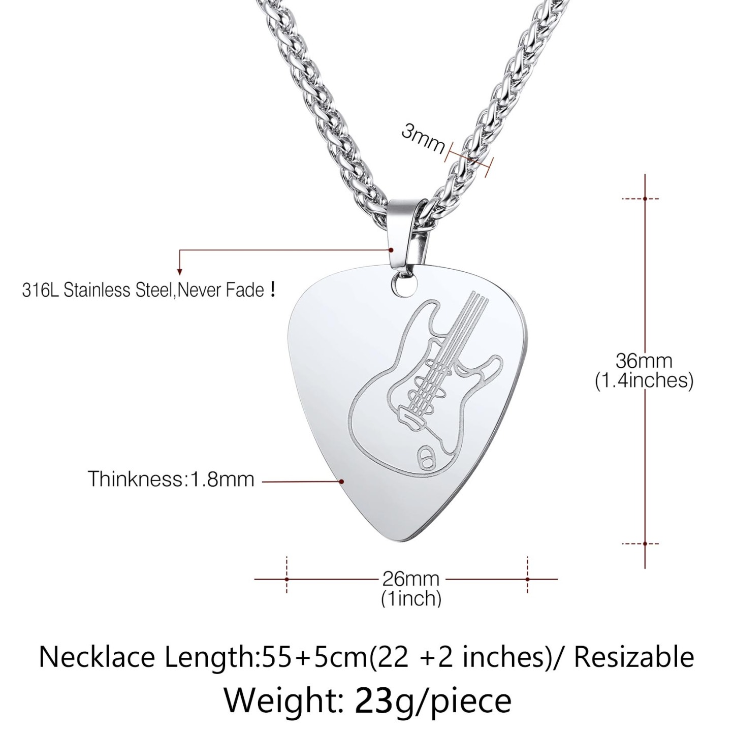 Custom Guitar Pick Pendant Necklace for Music Lovers Size