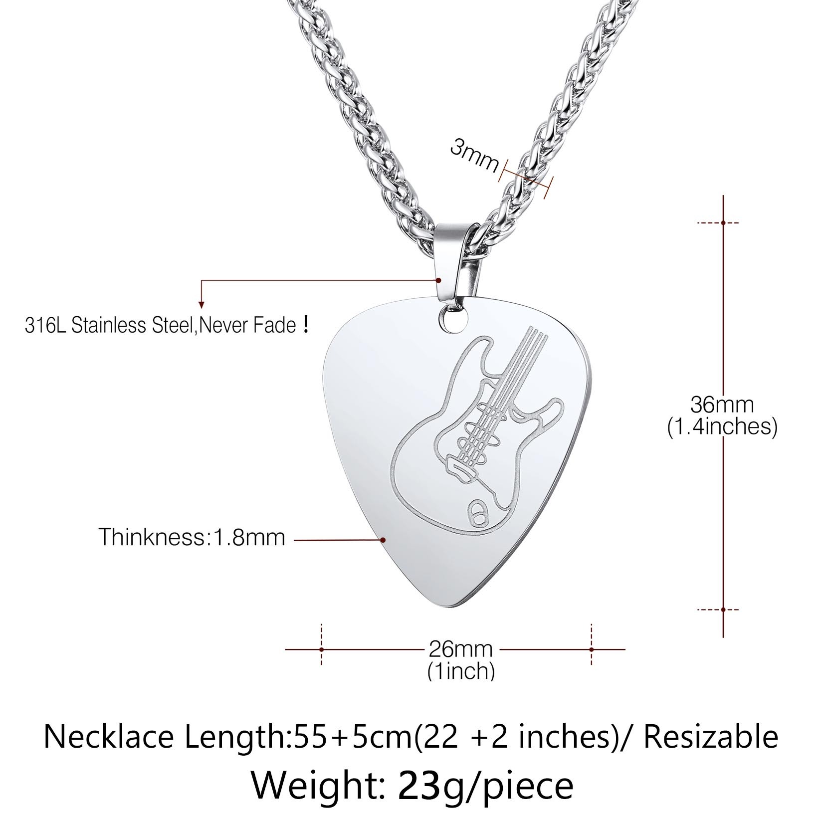Custom Guitar Pick Pendant Necklace for Music Lovers Size