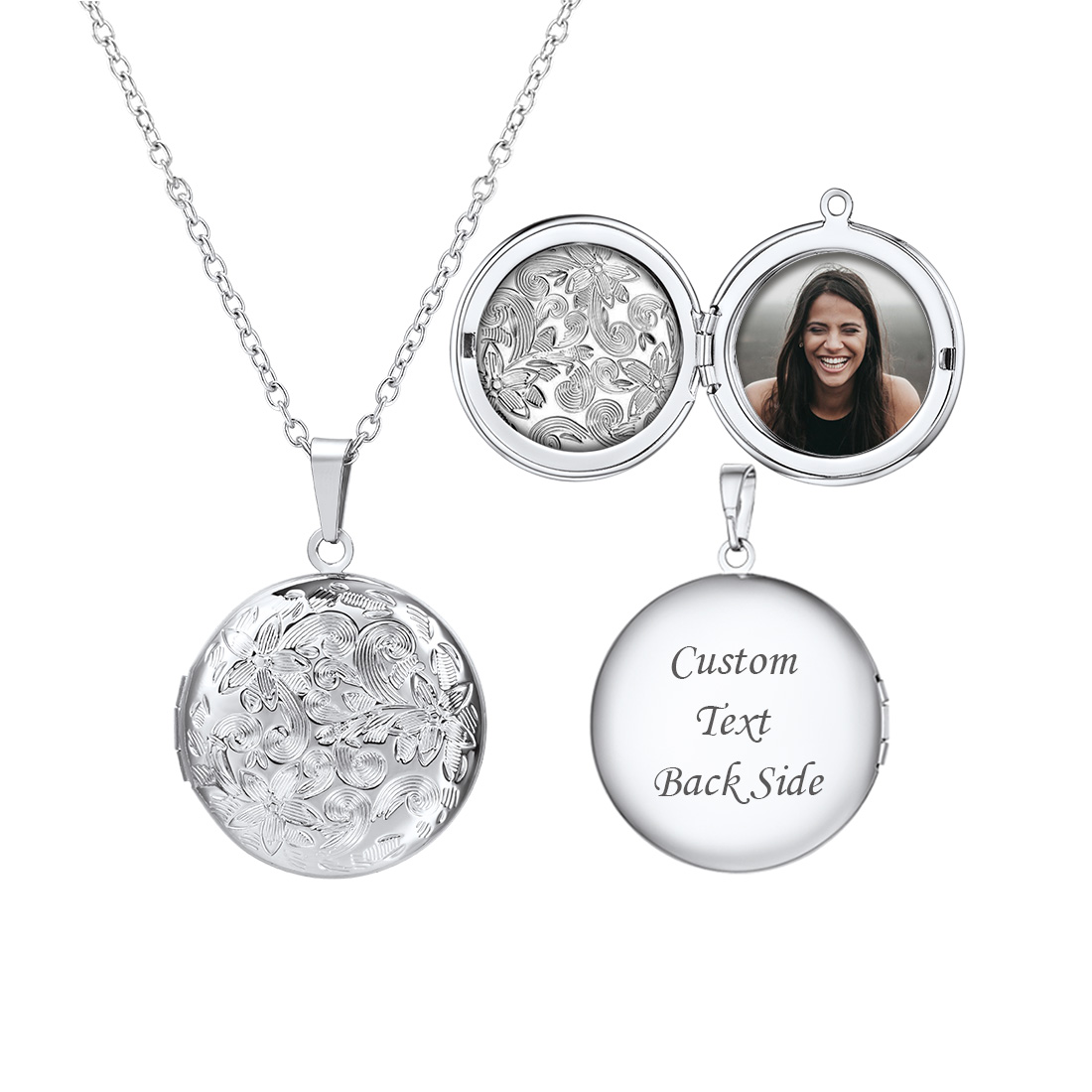 Personalized Picture Round Shape Locket Necklaces for Women silver