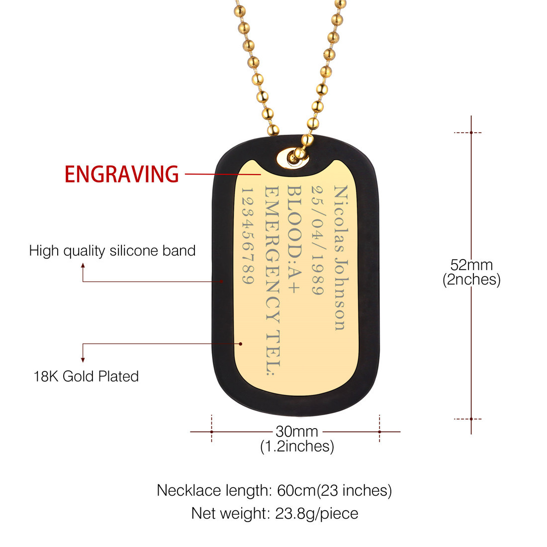 Custom Stainless Steel Tag Necklace with Bead Chain Size