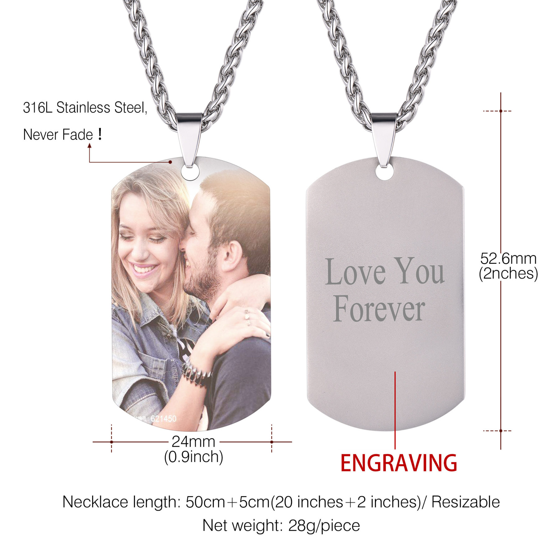 Custom Photo Text Engraved Dog Tag Necklace size