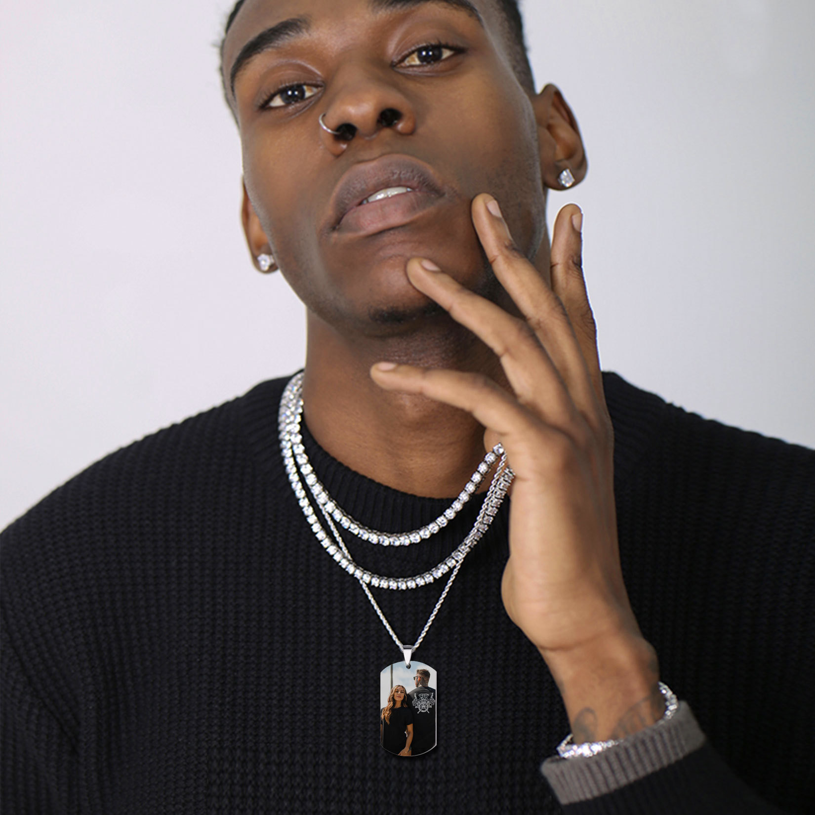 Custom Photo Text Engraved Dog Tag Necklace model silver