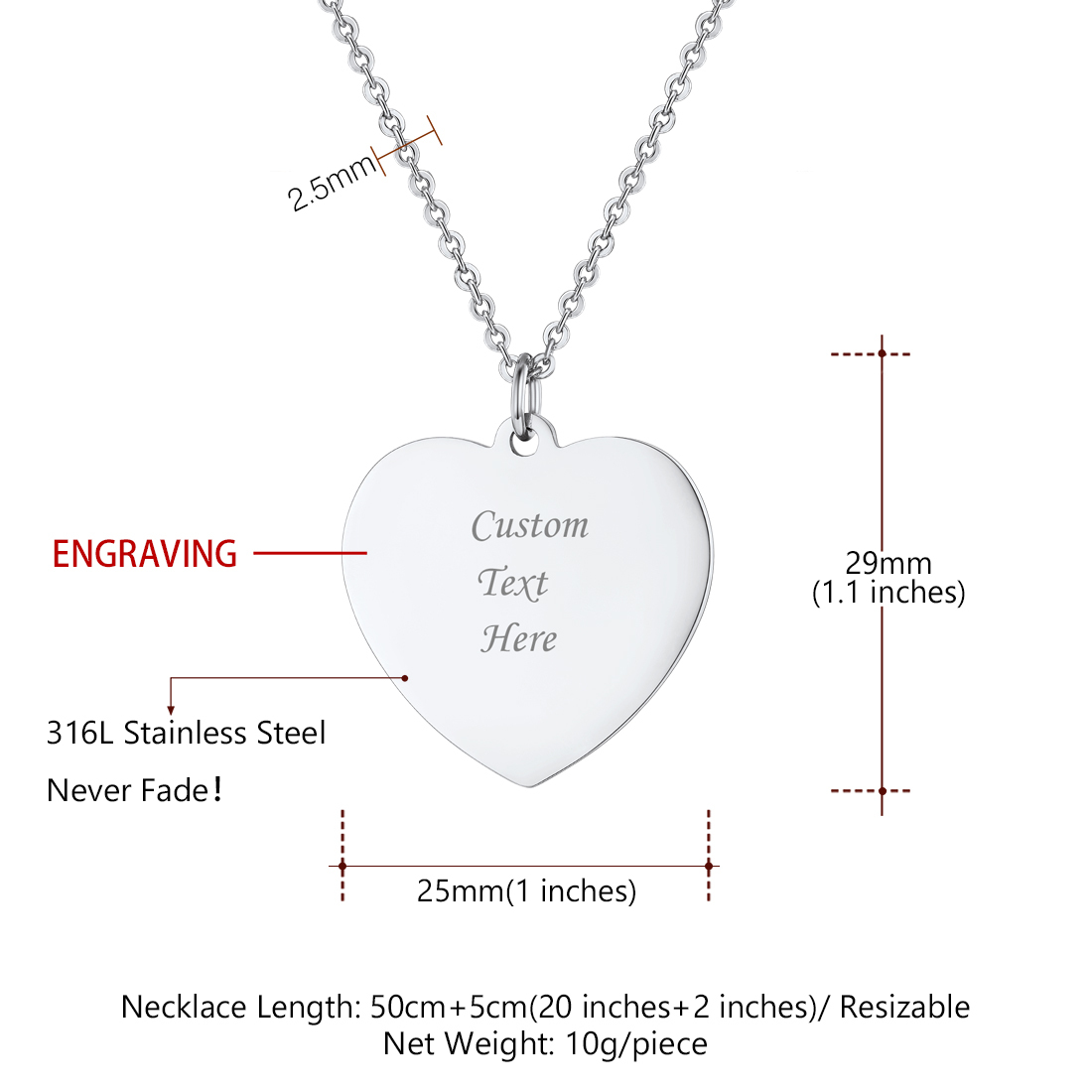 Personalized Engraved Heart Pendant Necklace for Women size