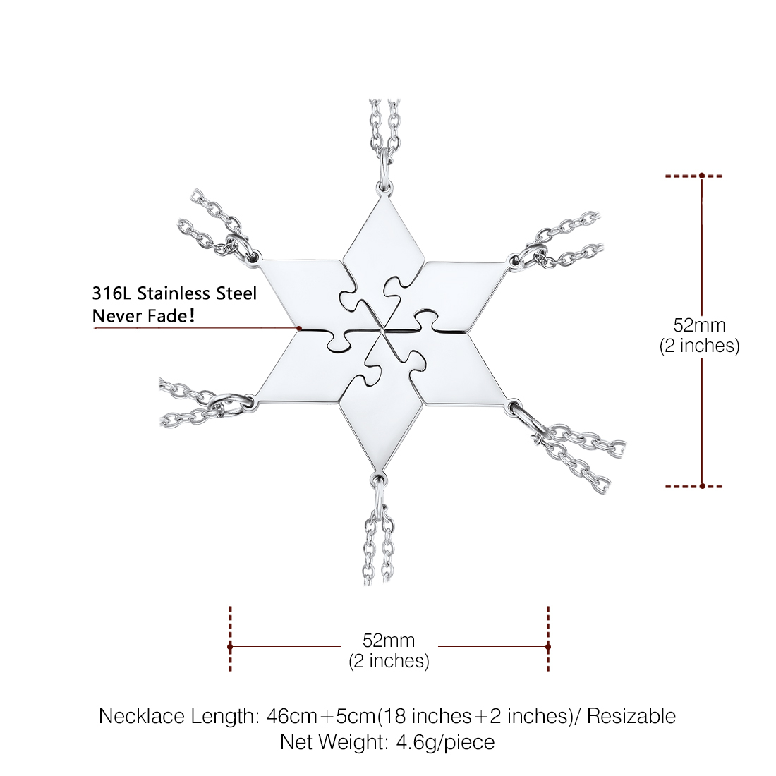 Personalized Name Puzzle Stitching Necklace for Family/Friends 6 Pcs size