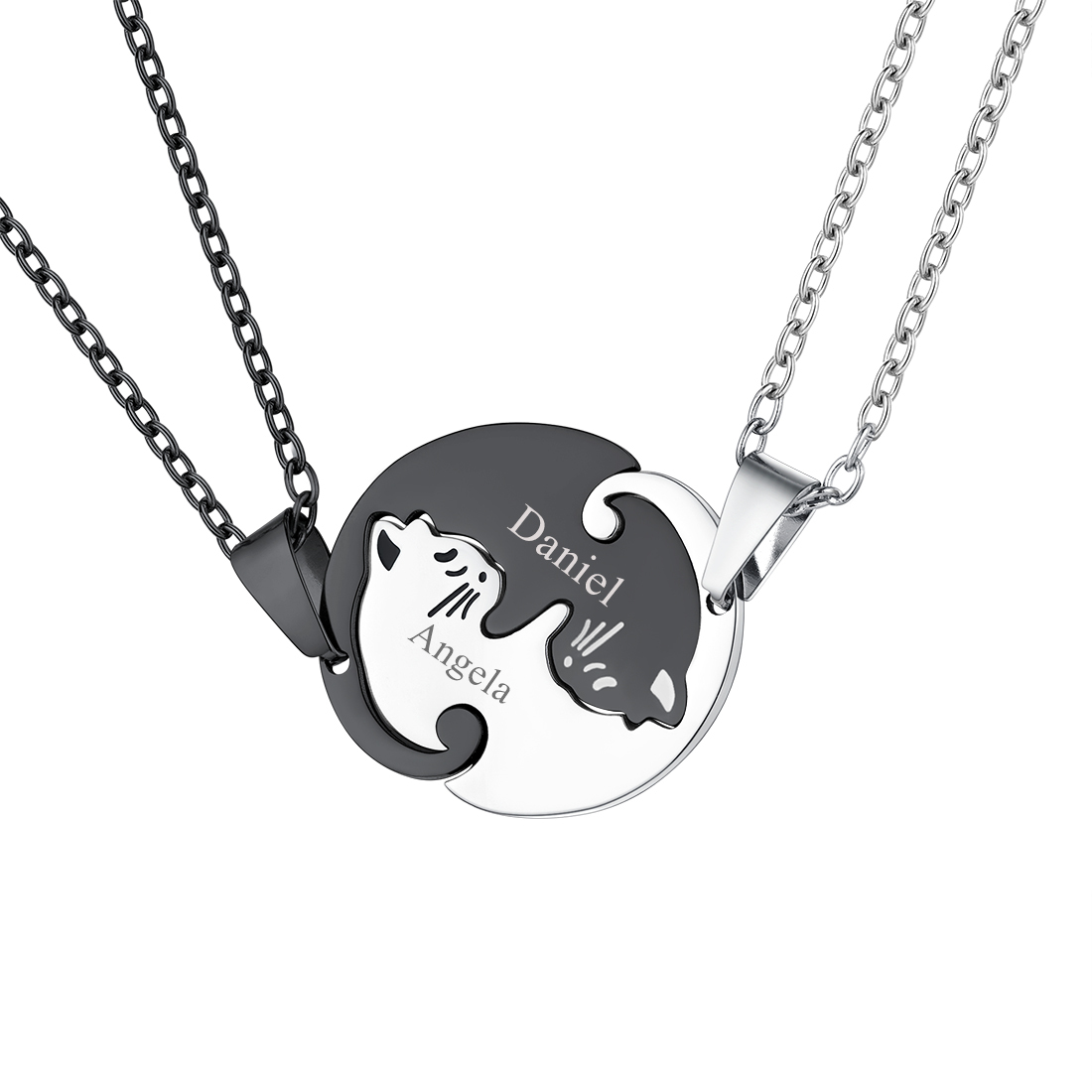 Personalized Name Stainless Steel Cat Pendant Necklace black&silver