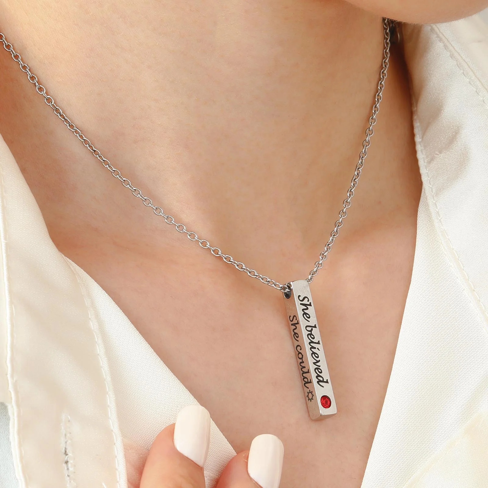 Custom Engraved Birthstone Bar Necklace for women
