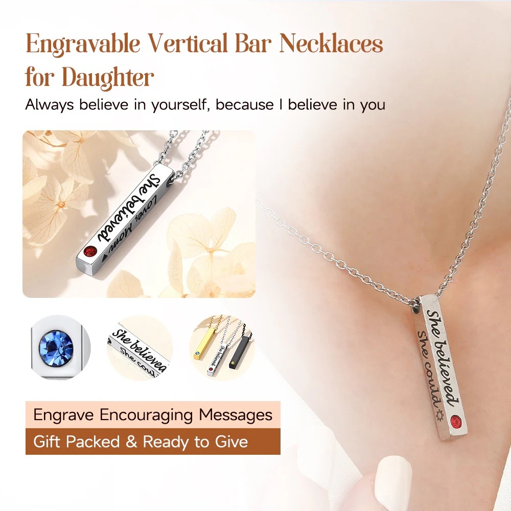 Custom Engraved Birthstone Bar Necklace for daughter