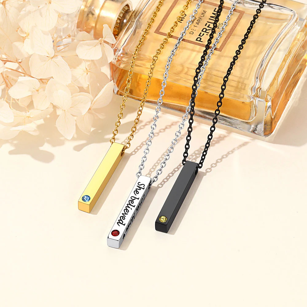 Custom Engraved Birthstone Bar Necklace in different colors