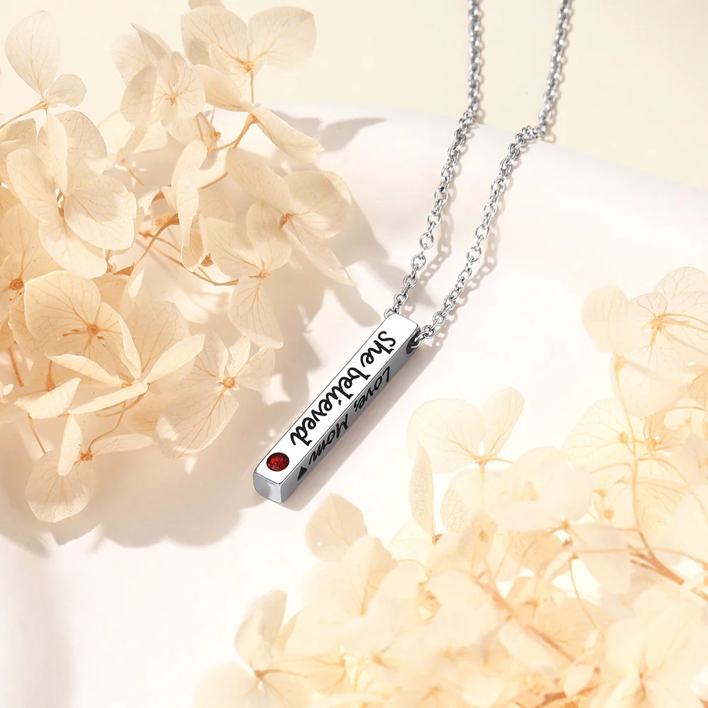Custom Engraved Birthstone Bar Necklace stainless steel