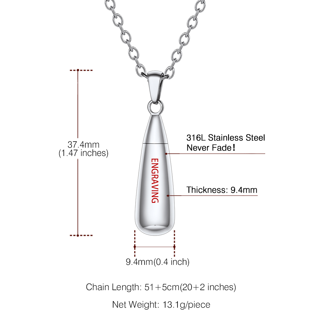 Personalized Engraved Teardrop Cremation Urn Necklace for Ashes detail