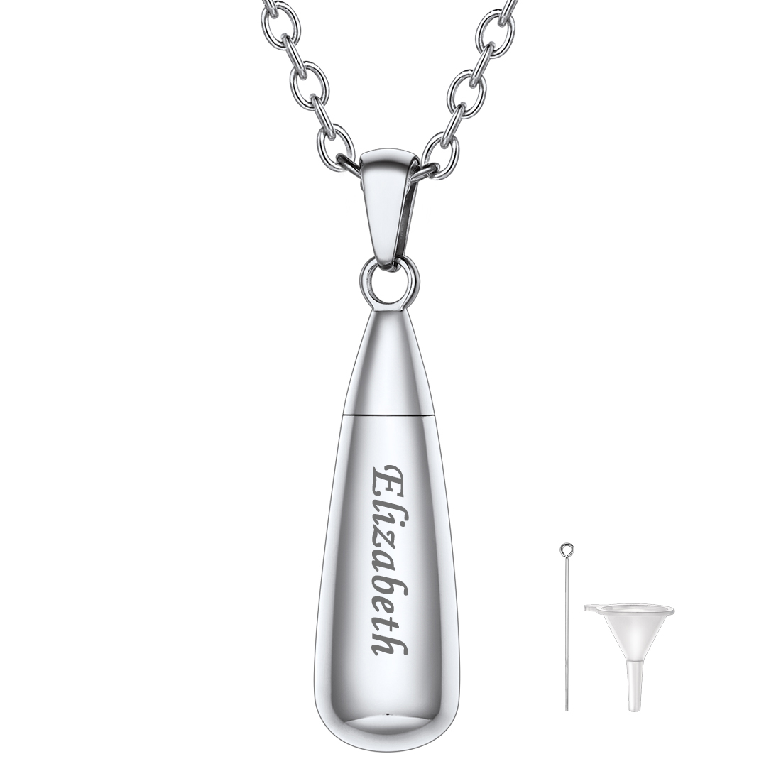Personalized Engraved Teardrop Cremation Urn Necklace for Ashes silver