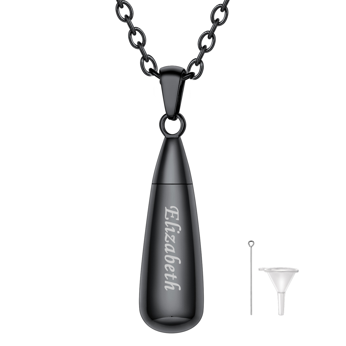 Personalized Engraved Teardrop Cremation Urn Necklace for Ashes black