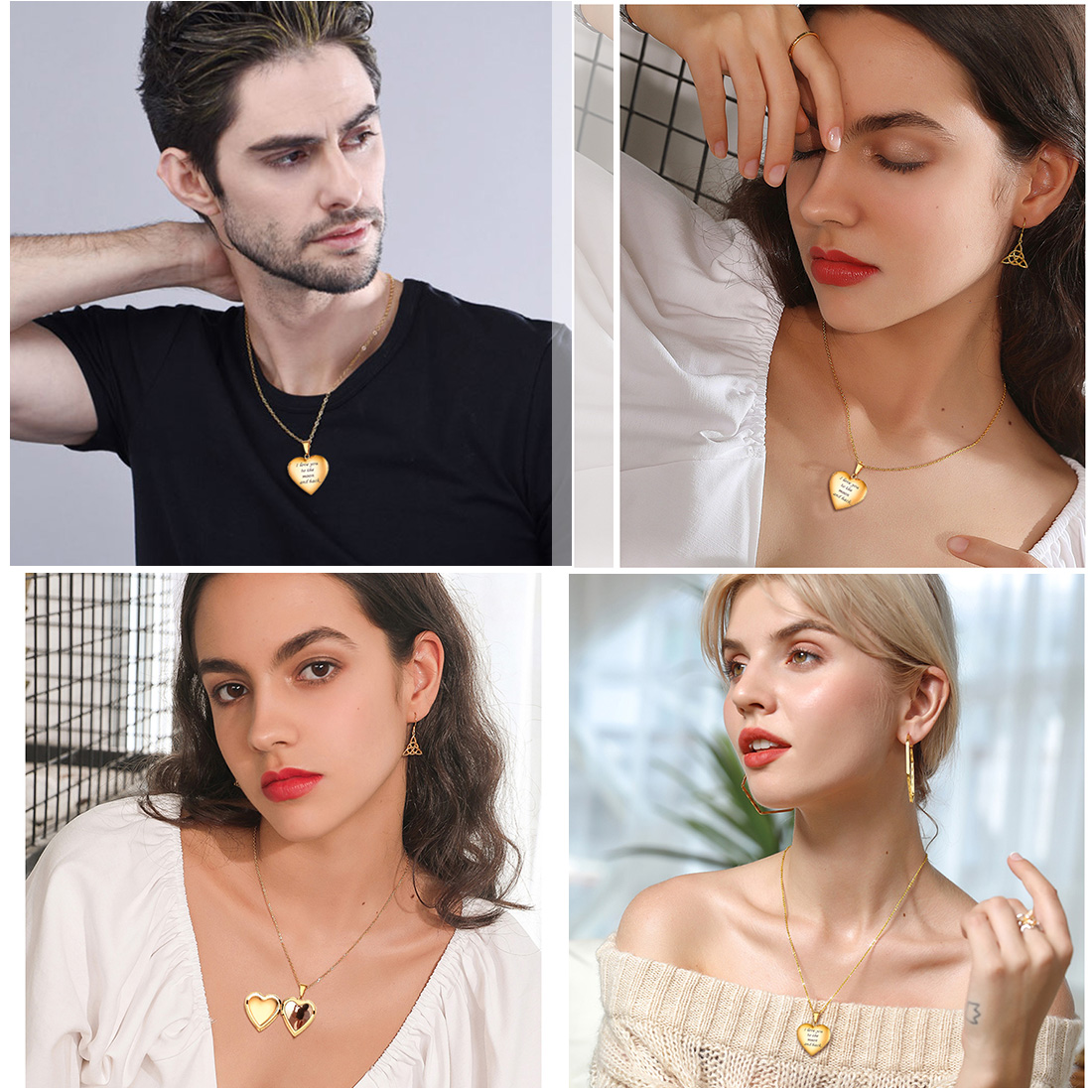 Personalized Heart Locket Necklace with Pictures for Women model show