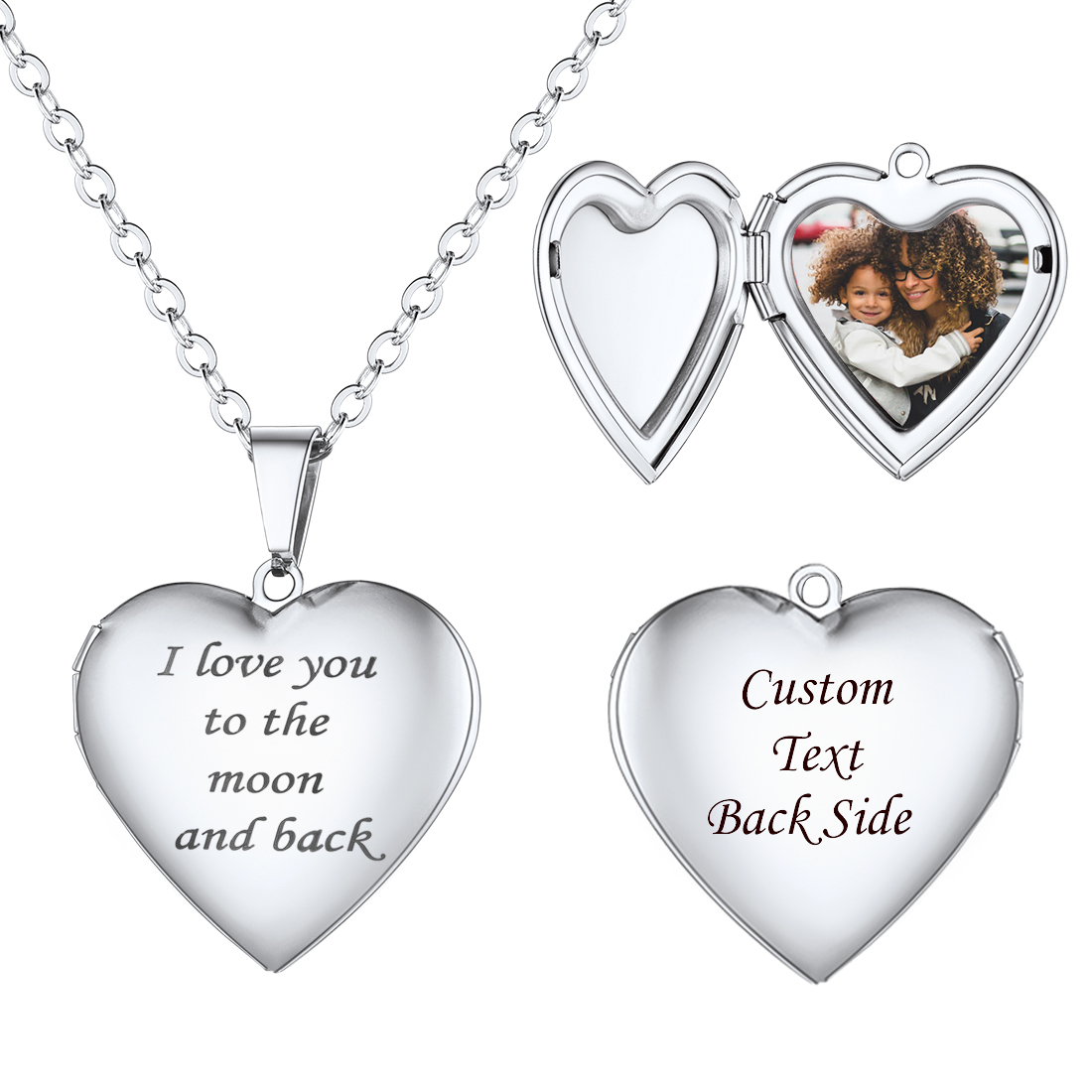 Personalized Heart Locket Necklace with Pictures for Women silver