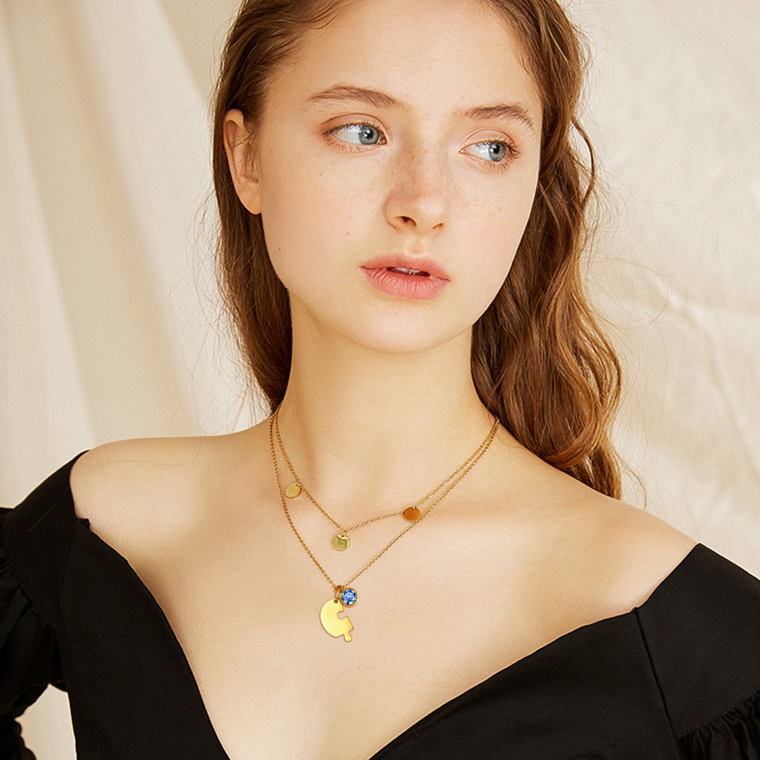 Personalized Birthstone Heart Puzzle Matching Necklace for Friend/Family model