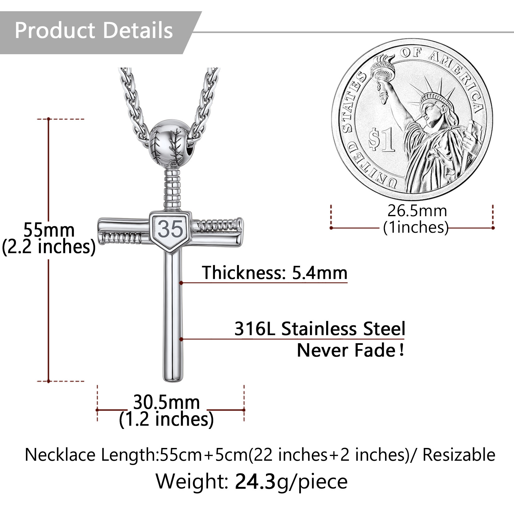 Custom Number Engraved Baseball Cross Necklaces for Men Women detail