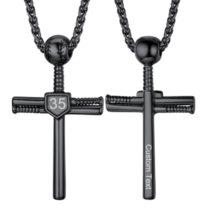 Custom Number Engraved Baseball Cross Necklaces for Men Women black