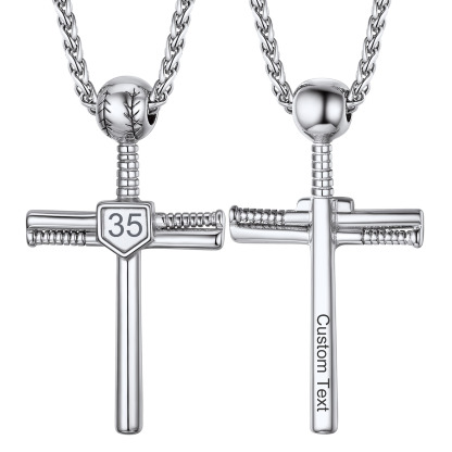 Custom Number Engraved Baseball Cross Necklaces for Men Women silver