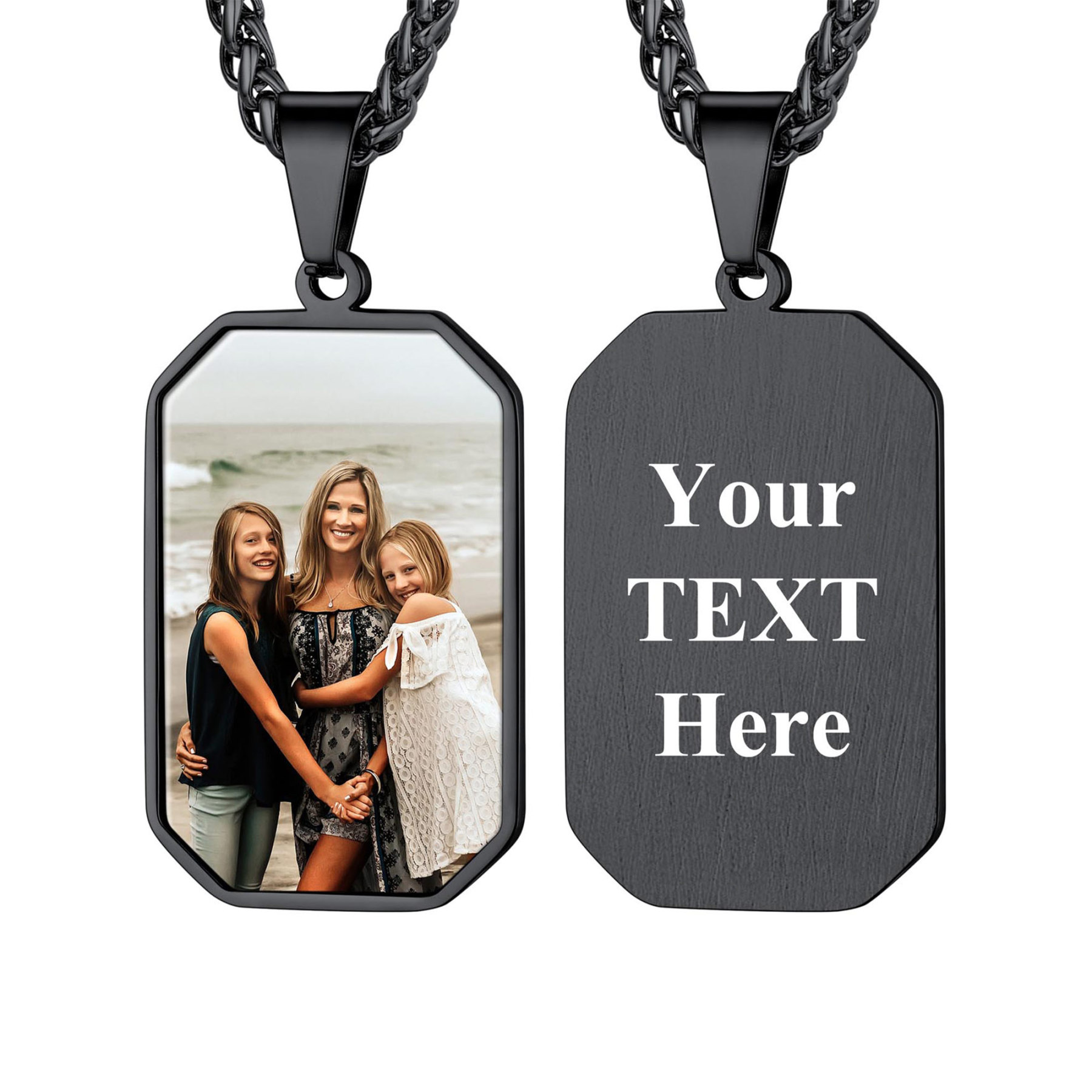 Customized Octagon Dog Tag Picture Necklace Black