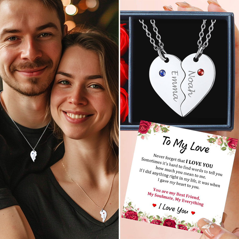 Personalized Birthstone Heart Puzzle Necklace For Couple
