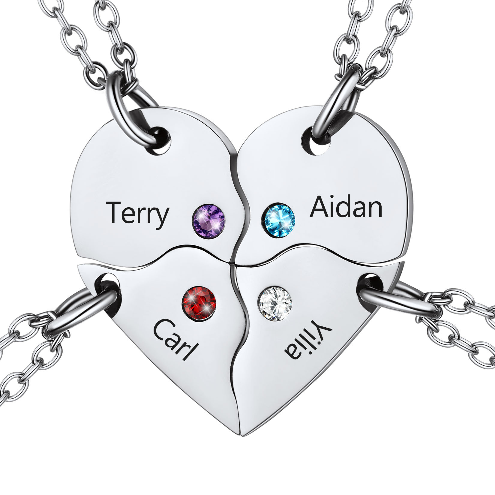 Personalized Name Birthstone Matching BFF Puzzle Heart Pendant Necklace 4 silver