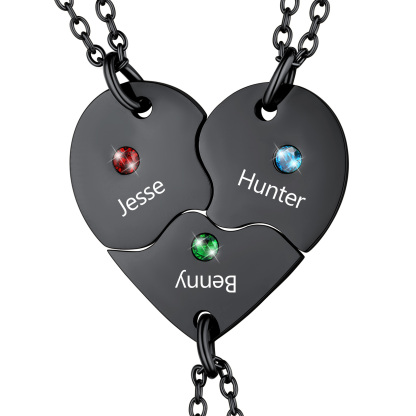 Personalized Name Birthstone Matching BFF Puzzle Heart Pendant Necklace 3 black
