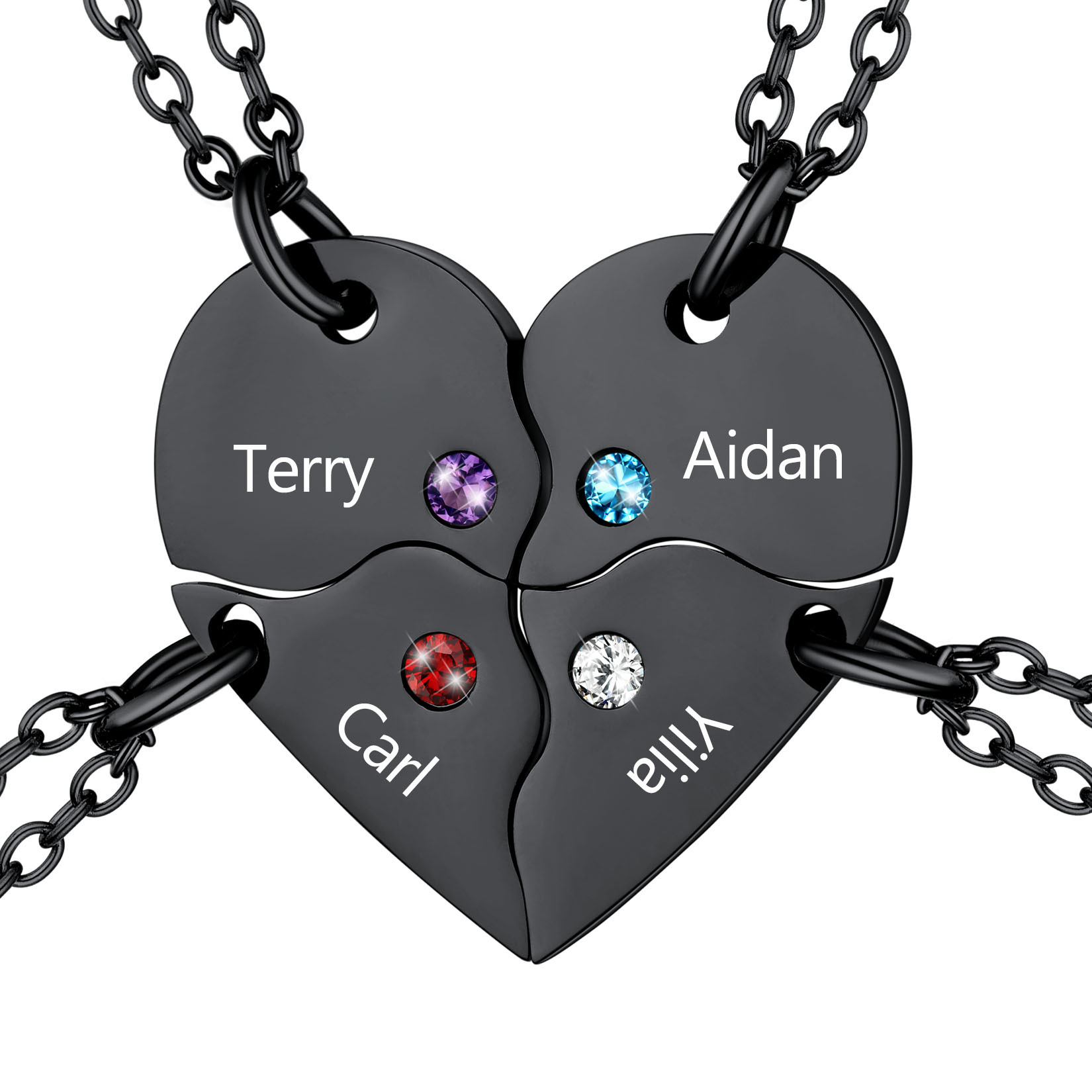 Personalized Name Birthstone Matching BFF Puzzle Heart Pendant Necklace 4 black