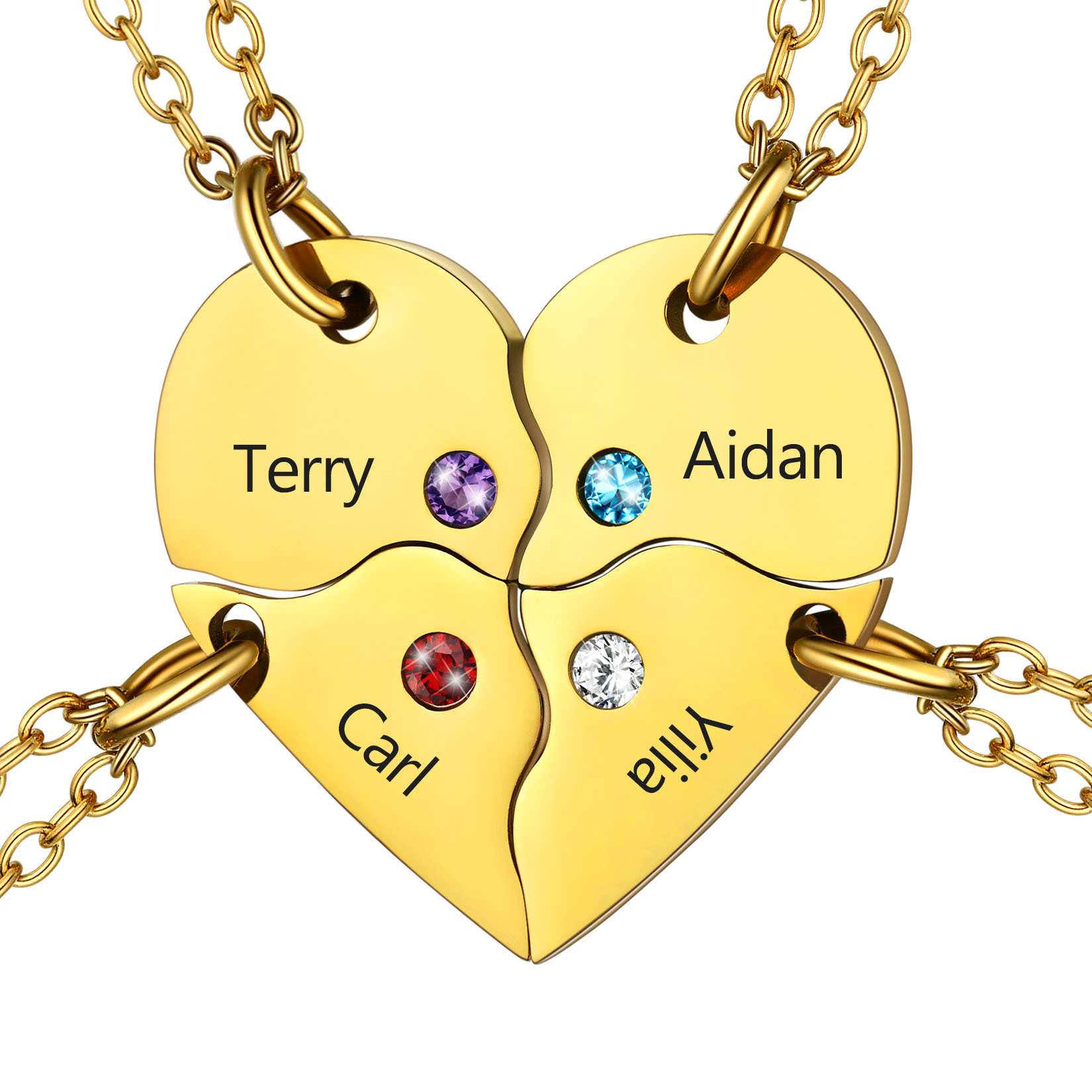 Personalized Name Birthstone Matching BFF Puzzle Heart Pendant Necklace 4 gold