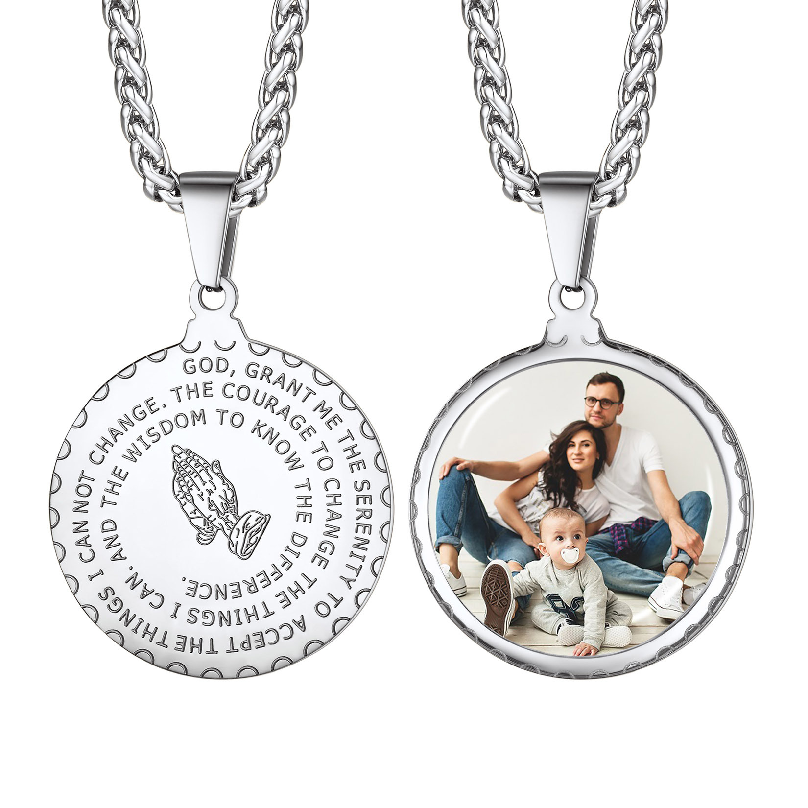 Personalized Photo Bible Verse Necklaces for Men Women silver