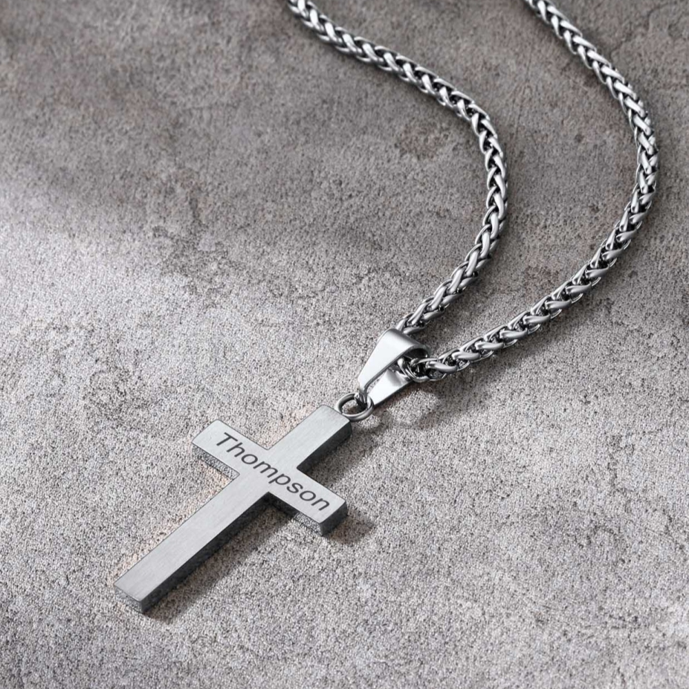 Custom Engravable Cross Necklace for Men With Wheat Chain