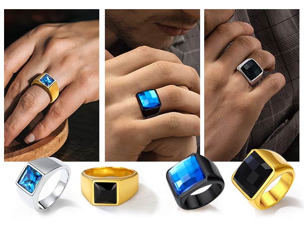 Personalized Square Cut Birthstone Signet Band Ring for Men model show