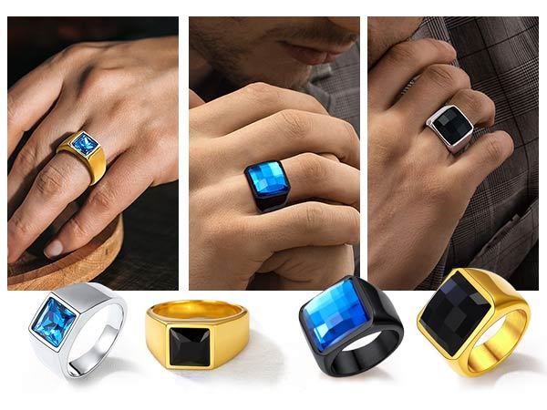 Personalized Square Cut Birthstone Signet Band Ring for Men model show