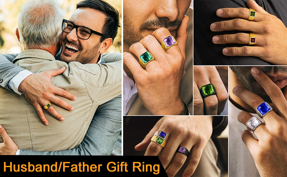 Personalized Square Cut Birthstone Signet Band Ring for husband/dad