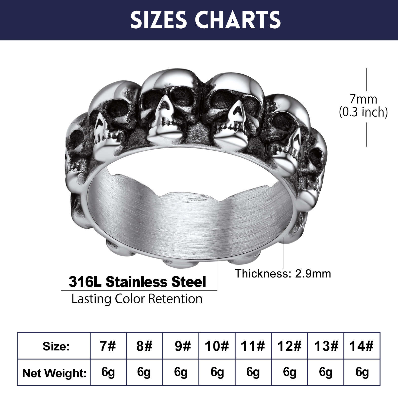 Gothic Biker Skull Eternity Band Ring for Men Size